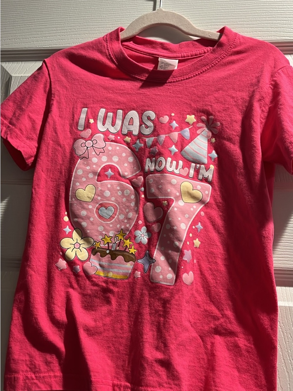 Pink was 6 now 7 shirt with candle and balloon
